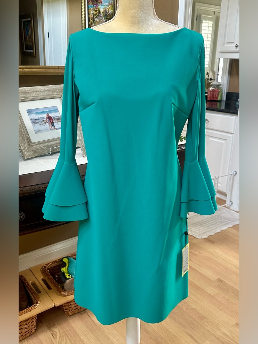 Chiara Boni Teal Layered Bell-Sleeve Shift Dress